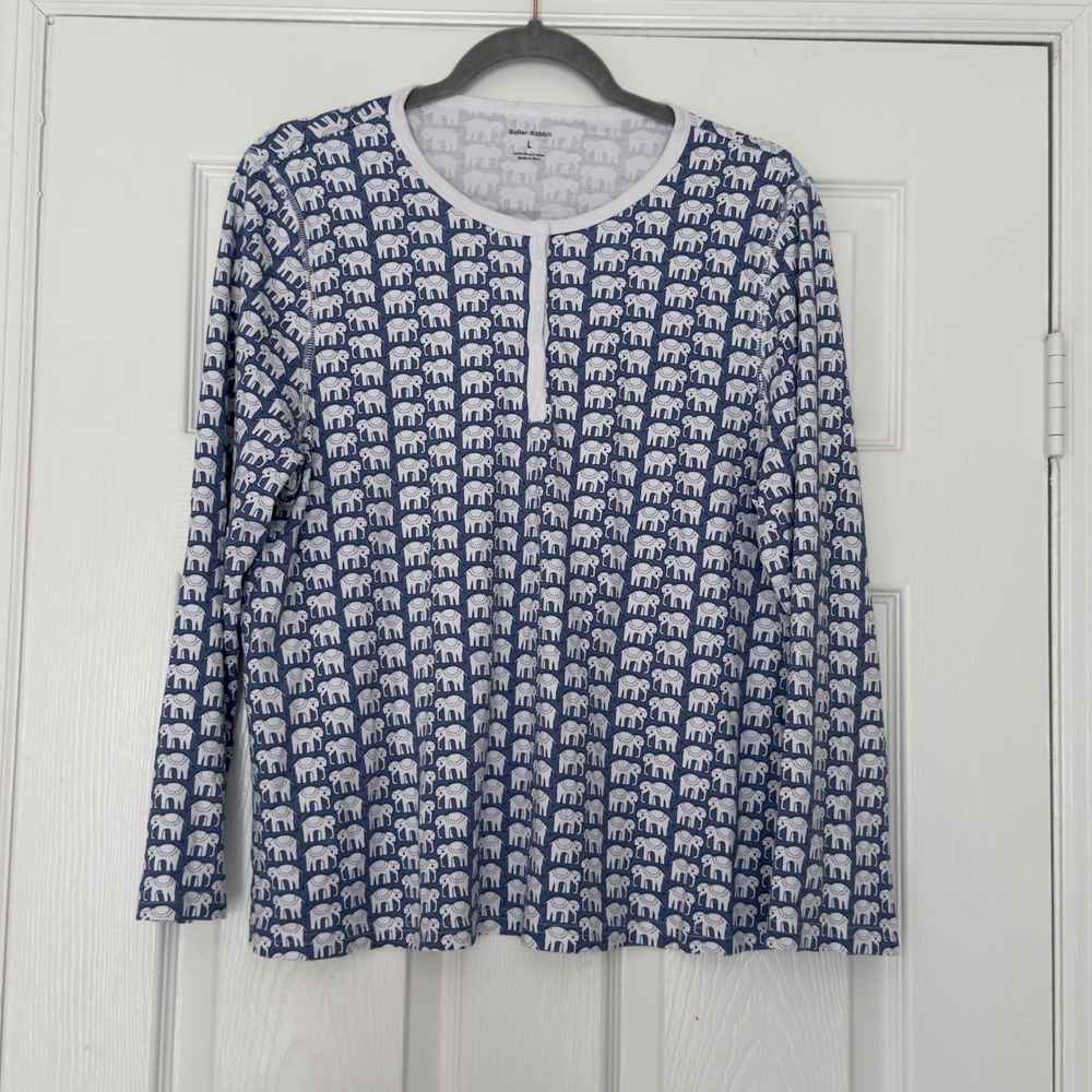 Roller Rabbit Hathi Pajama Top M Blue White Elephant Pima Cotton Henley